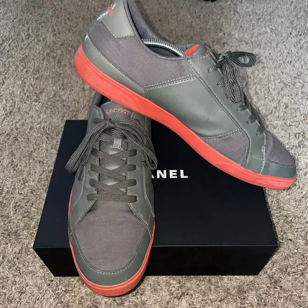 Lacoste Sneaker Men's Sz 13 Green Canvas And Leather Orange Sole